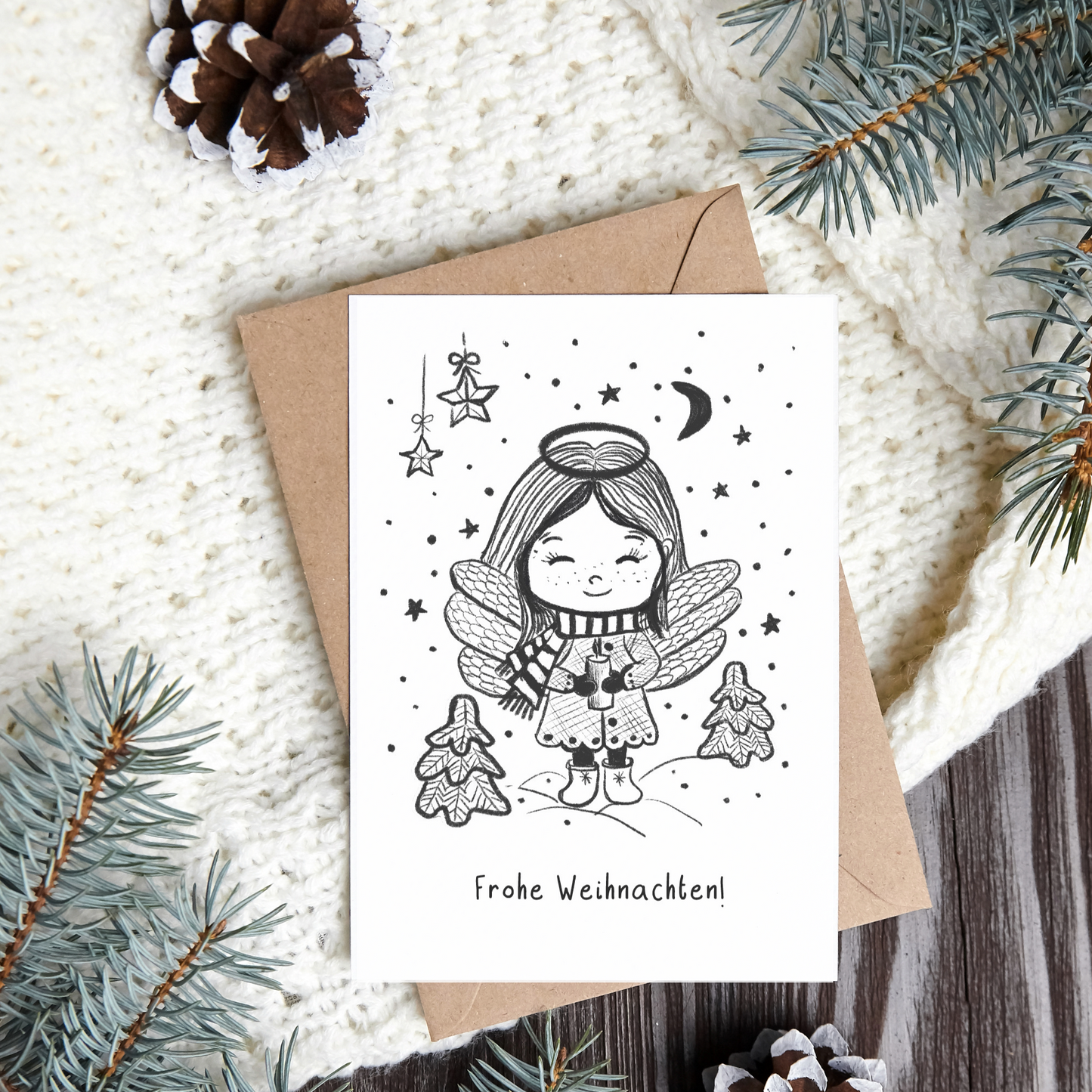 Weihnachtskarte "Mädchen mit Rentier"- auch zum Ausmalen