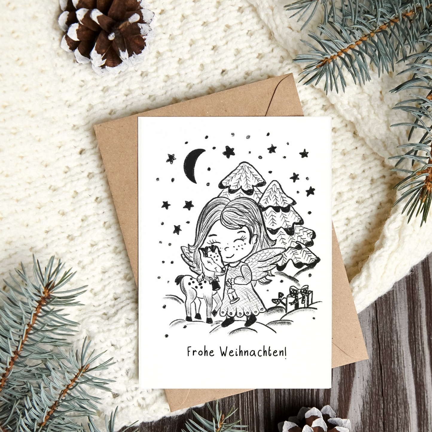 Weihnachtskarte "Engel mit Rentier"- auch zum Ausmalen