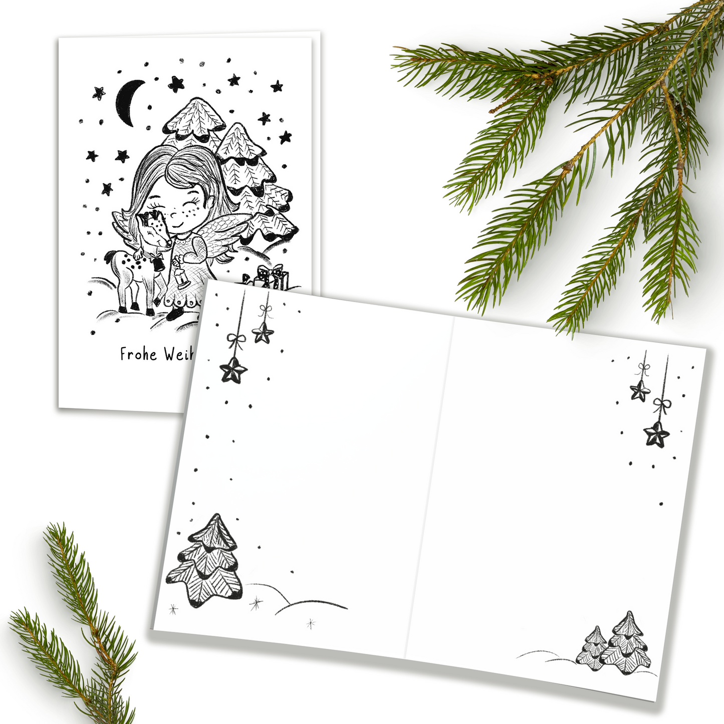 Weihnachtskarte "Engel mit Rentier"- auch zum Ausmalen