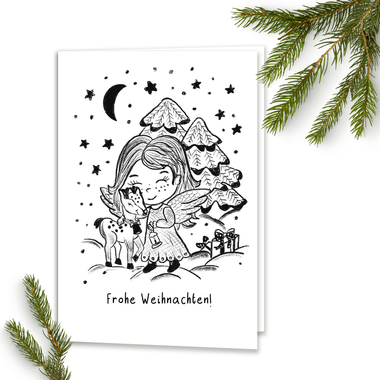 Weihnachtskarte "Engel mit Rentier"- auch zum Ausmalen