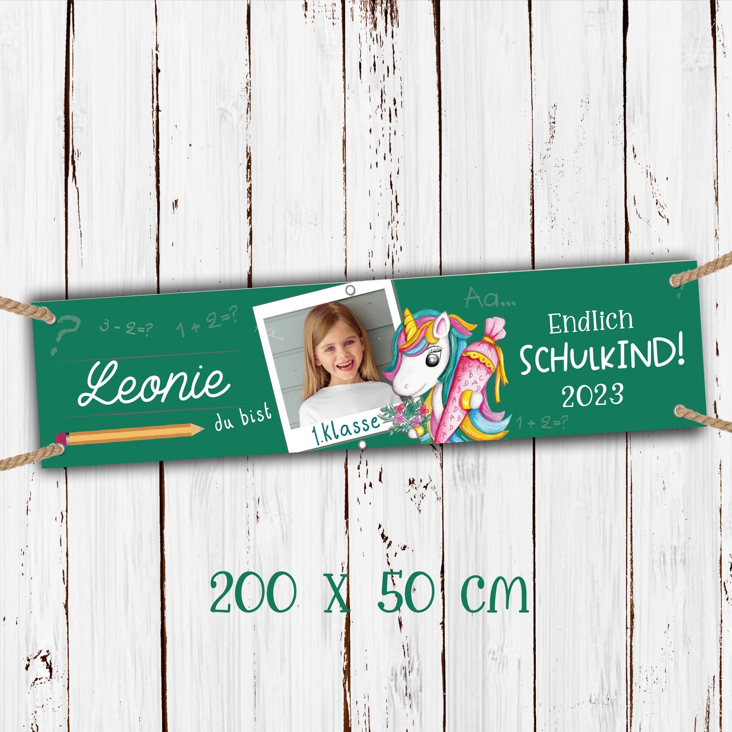 Banner zur Einschulung "Endlich Schulkind" 200x50cm Motiv- Einhorn