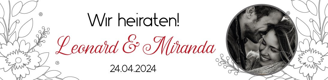 Hochzeitsbanner mit Namen und Foto 200x50 cm - "wir heiraten" simpel