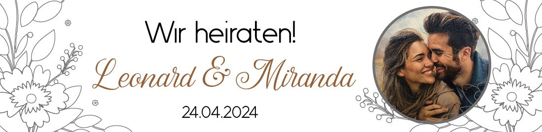 Hochzeitsbanner mit Namen und Foto 200x50 cm - "wir heiraten" simpel