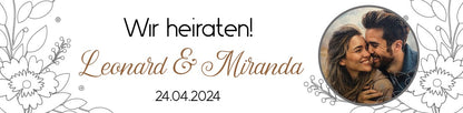 Hochzeitsbanner mit Namen und Foto 200x50 cm - "wir heiraten" simpel