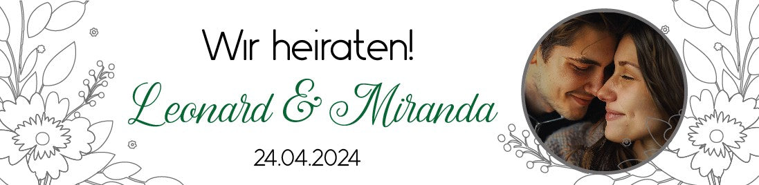 Hochzeitsbanner mit Namen und Foto 200x50 cm - "wir heiraten" simpel