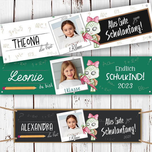 Banner Schulanfang 200x50cm Motiv- Schildkröte mit Zuckertüte