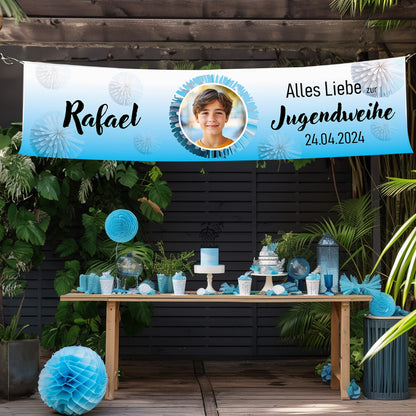 Banner Jugendweihe, Konfirmation, Kommunion 200x50 cm - blau pompon- individuell