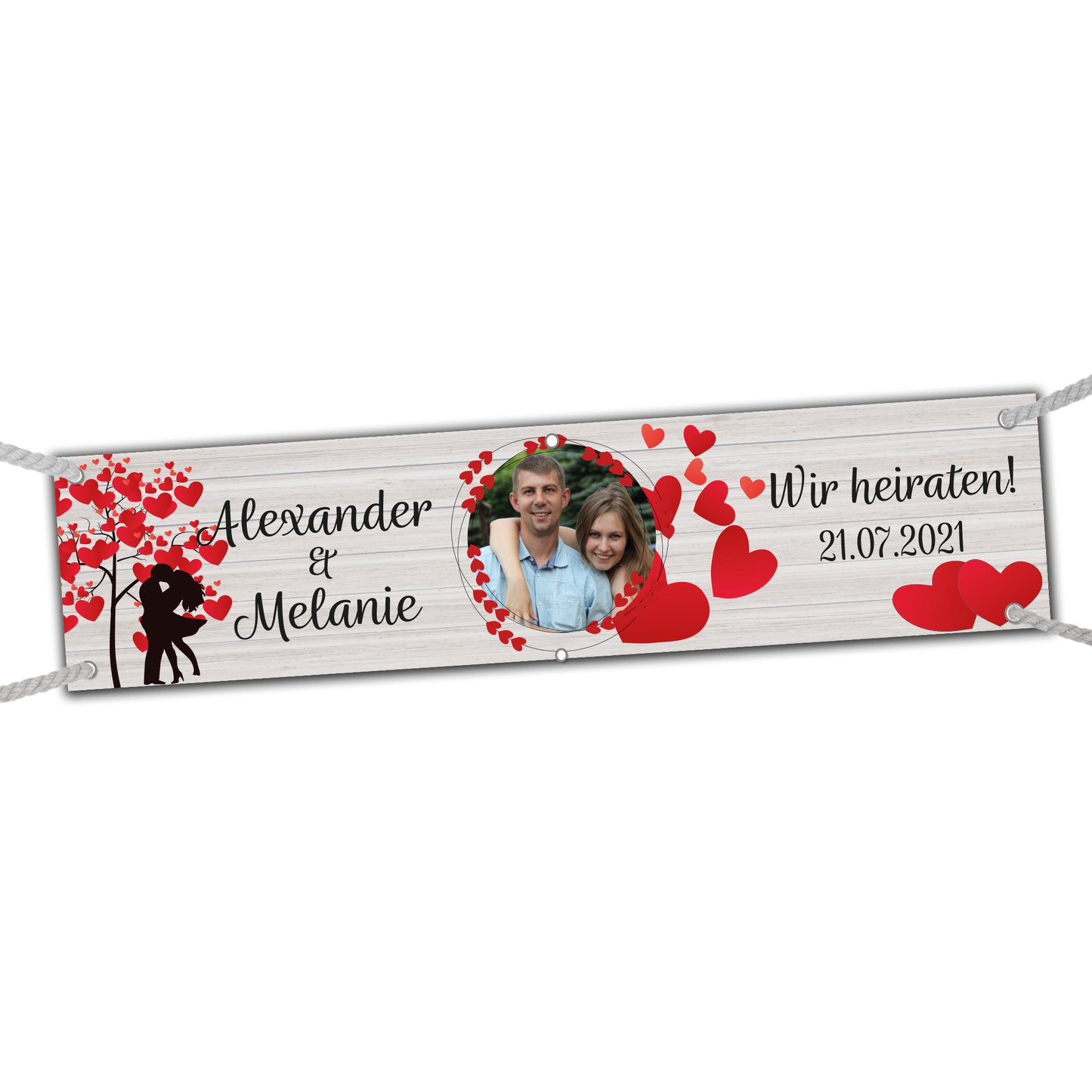 Banner zur Hochzeit mit Namen und Foto personalisierbar. Schriftzug: wir heiraten. Liebespaar unter Herzbaum und viele Herzen. Banner auf weißem Hintergrund