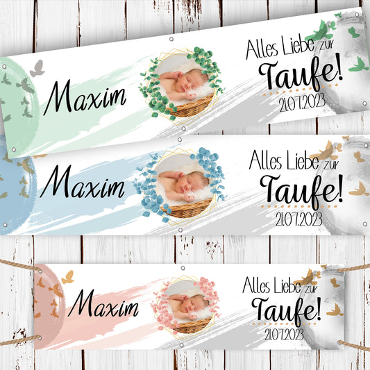 Banner für Taufe  individuell mit Foto und Name + Datum