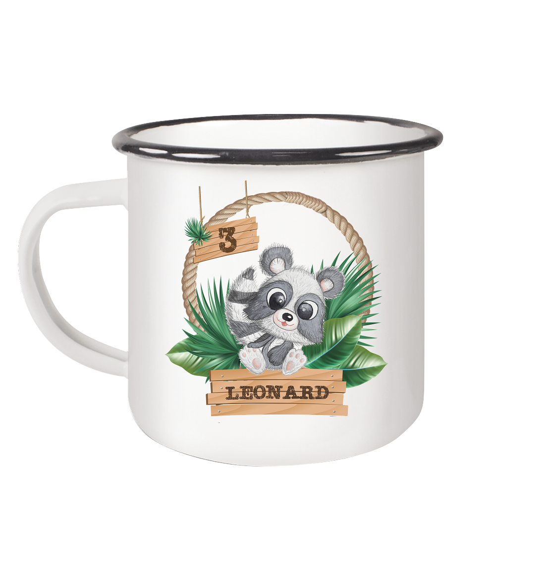 Emaille Tasse (Black) -Jungle Design mit niedlichen Waschbär Motiv -personalisiert