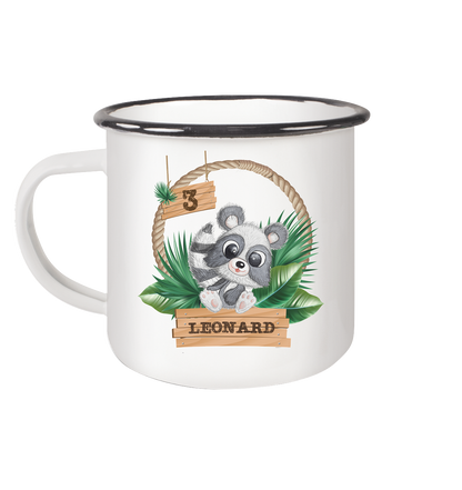 Emaille Tasse (Black) -Jungle Design mit niedlichen Waschbär Motiv -personalisiert