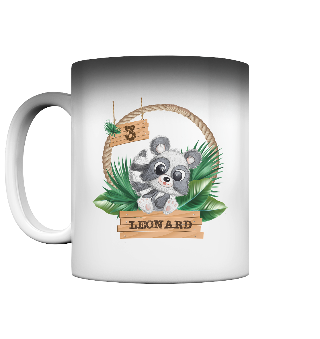 Magic Mug Tasse -Jungle Design mit niedlichen Waschbär Motiv - personalisiert