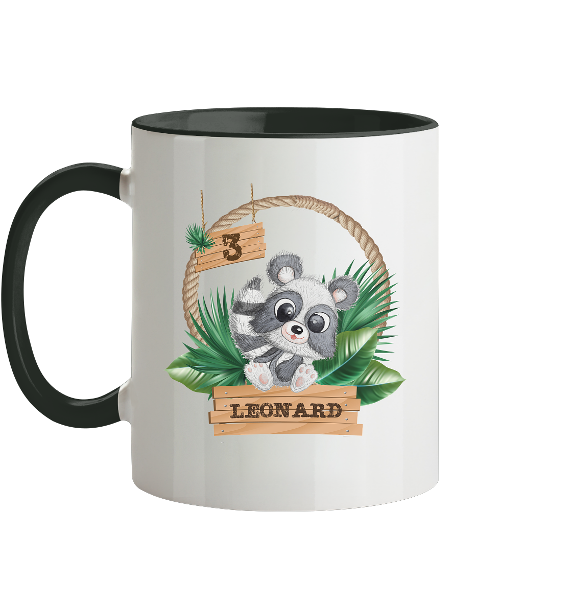 Tasse zweifarbig - Jungle Design mit niedlichen Waschbär Motiv - personalisiert