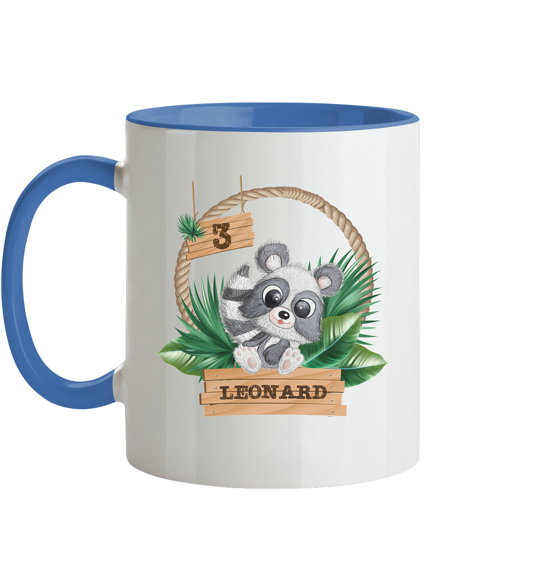 Tasse zweifarbig - Jungle Design mit niedlichen Waschbär Motiv - personalisiert