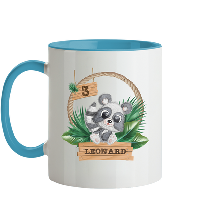 Tasse zweifarbig - Jungle Design mit niedlichen Waschbär Motiv - personalisiert