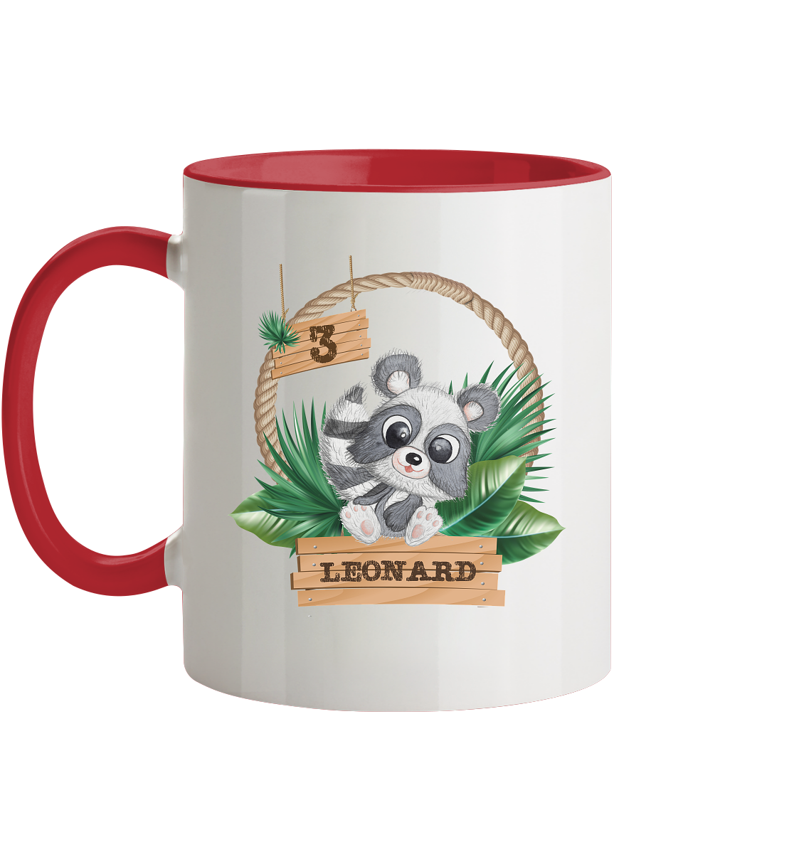 Tasse zweifarbig - Jungle Design mit niedlichen Waschbär Motiv - personalisiert