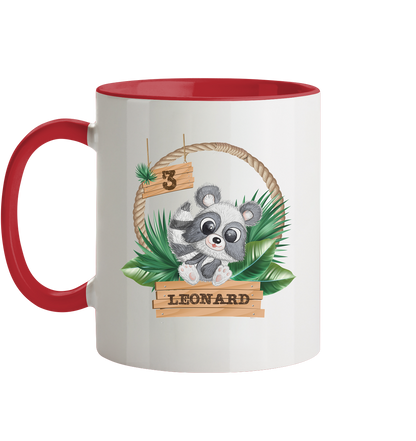 Tasse zweifarbig - Jungle Design mit niedlichen Waschbär Motiv - personalisiert