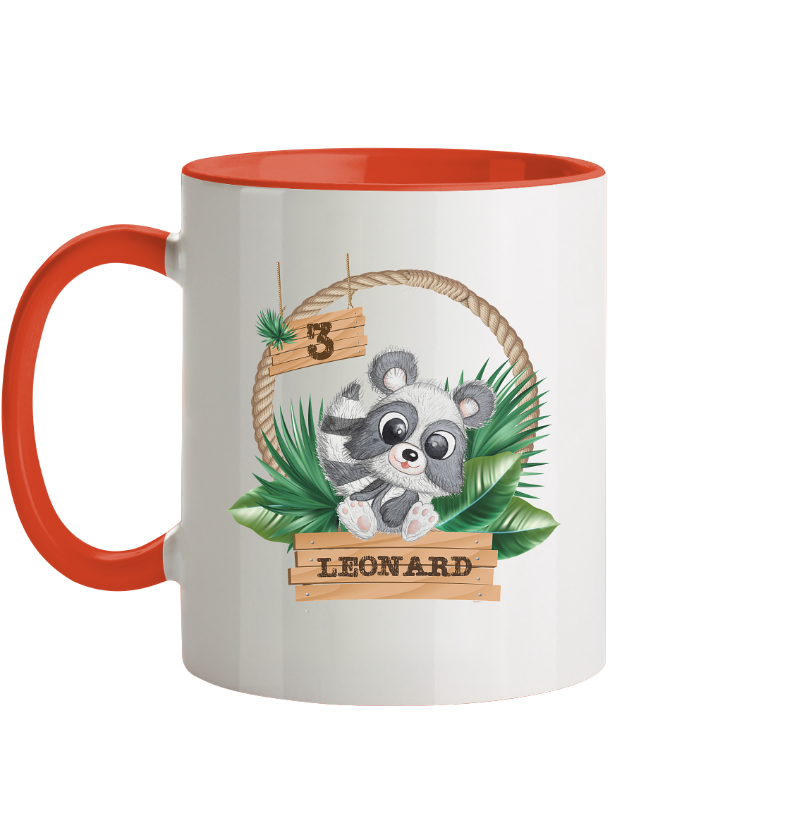 Tasse zweifarbig - Jungle Design mit niedlichen Waschbär Motiv - personalisiert