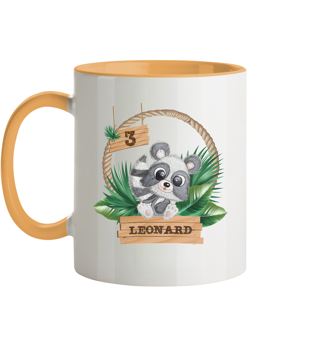 Tasse zweifarbig - Jungle Design mit niedlichen Waschbär Motiv - personalisiert