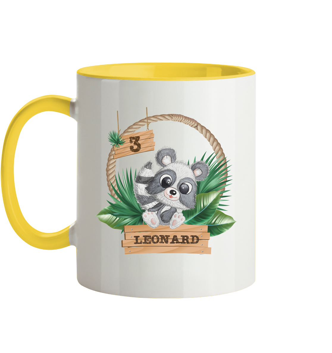 Tasse zweifarbig - Jungle Design mit niedlichen Waschbär Motiv - personalisiert