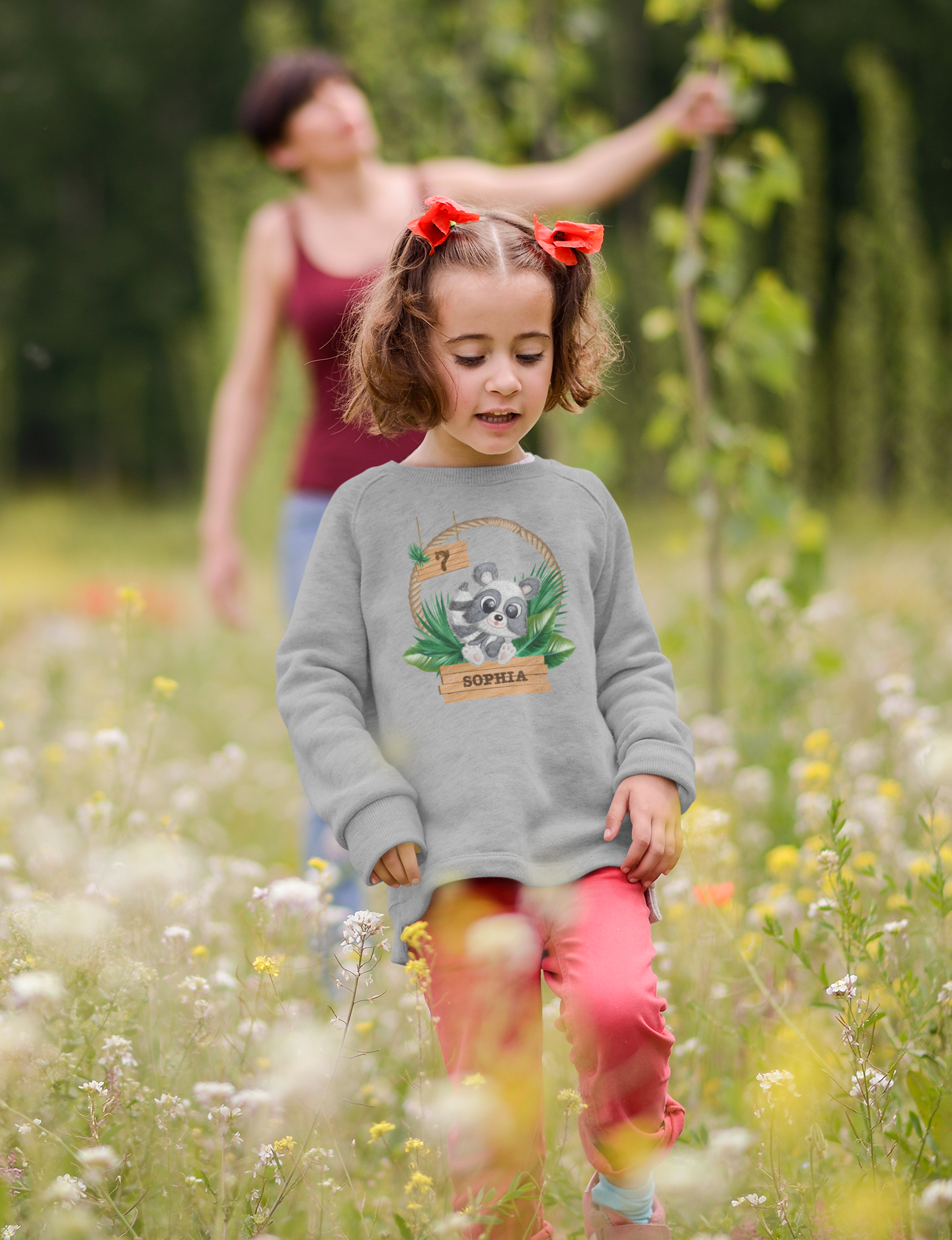 Kids Organic Sweatshirt  - Jungle Design mit niedlichen Waschbär Motiv - personalisiert