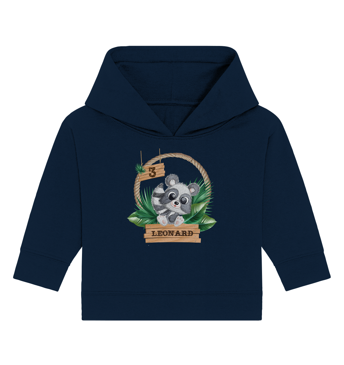 Baby Organic Hoodie - Jungle Design mit niedlichen Waschbär Motiv - personalisiert