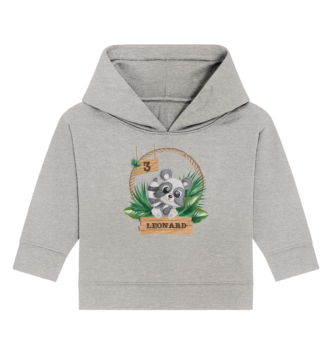 Baby Organic Hoodie - Jungle Design mit niedlichen Waschbär Motiv - personalisiert