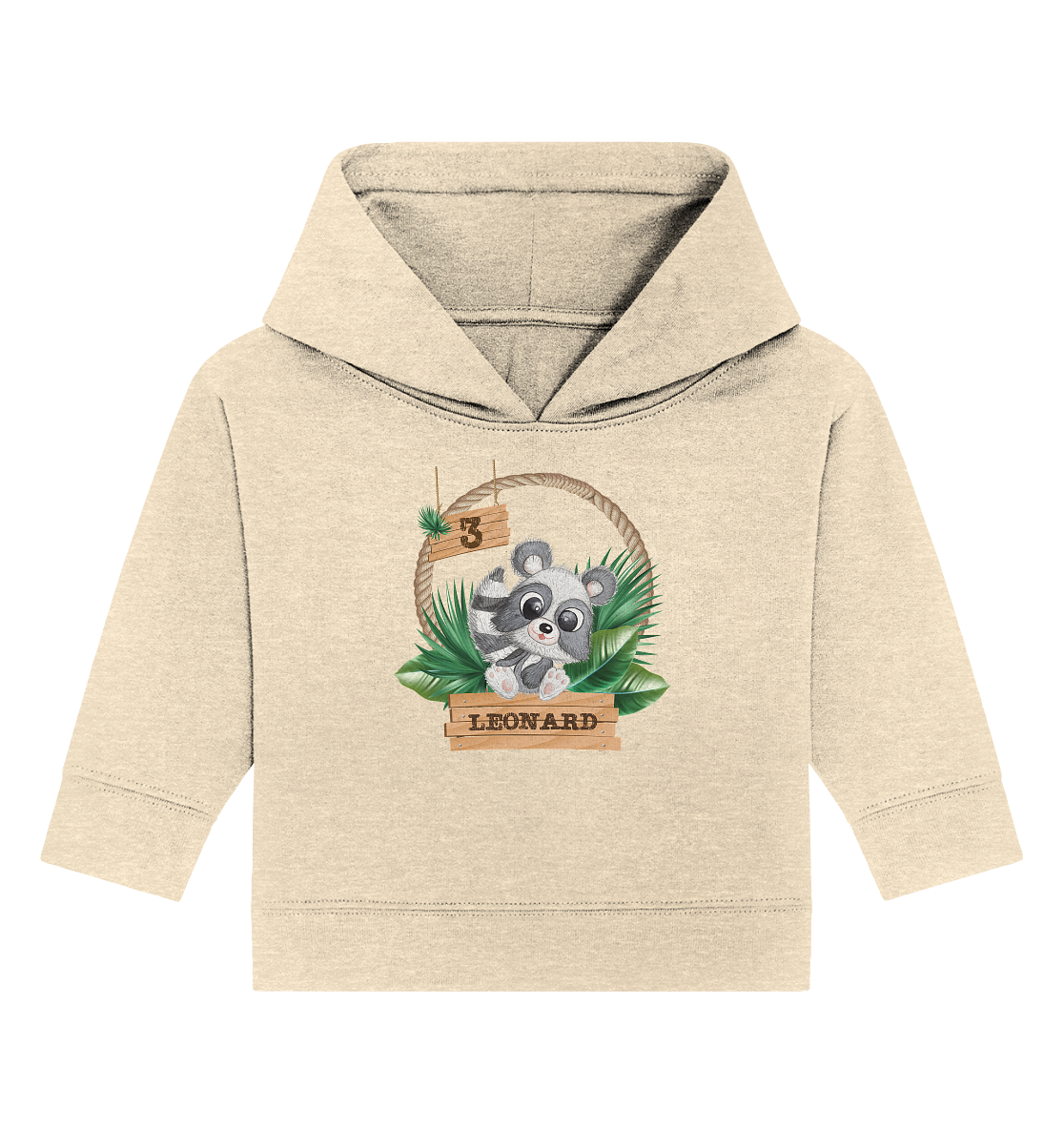 Baby Organic Hoodie - Jungle Design mit niedlichen Waschbär Motiv - personalisiert