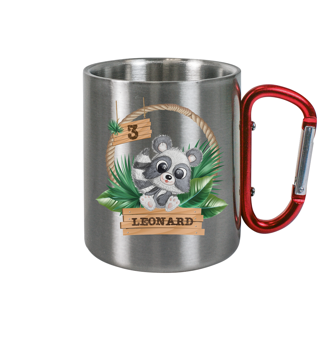 Edelstahl Tasse - Jungle Design mit niedlichen Waschbär Motiv -personalisiert