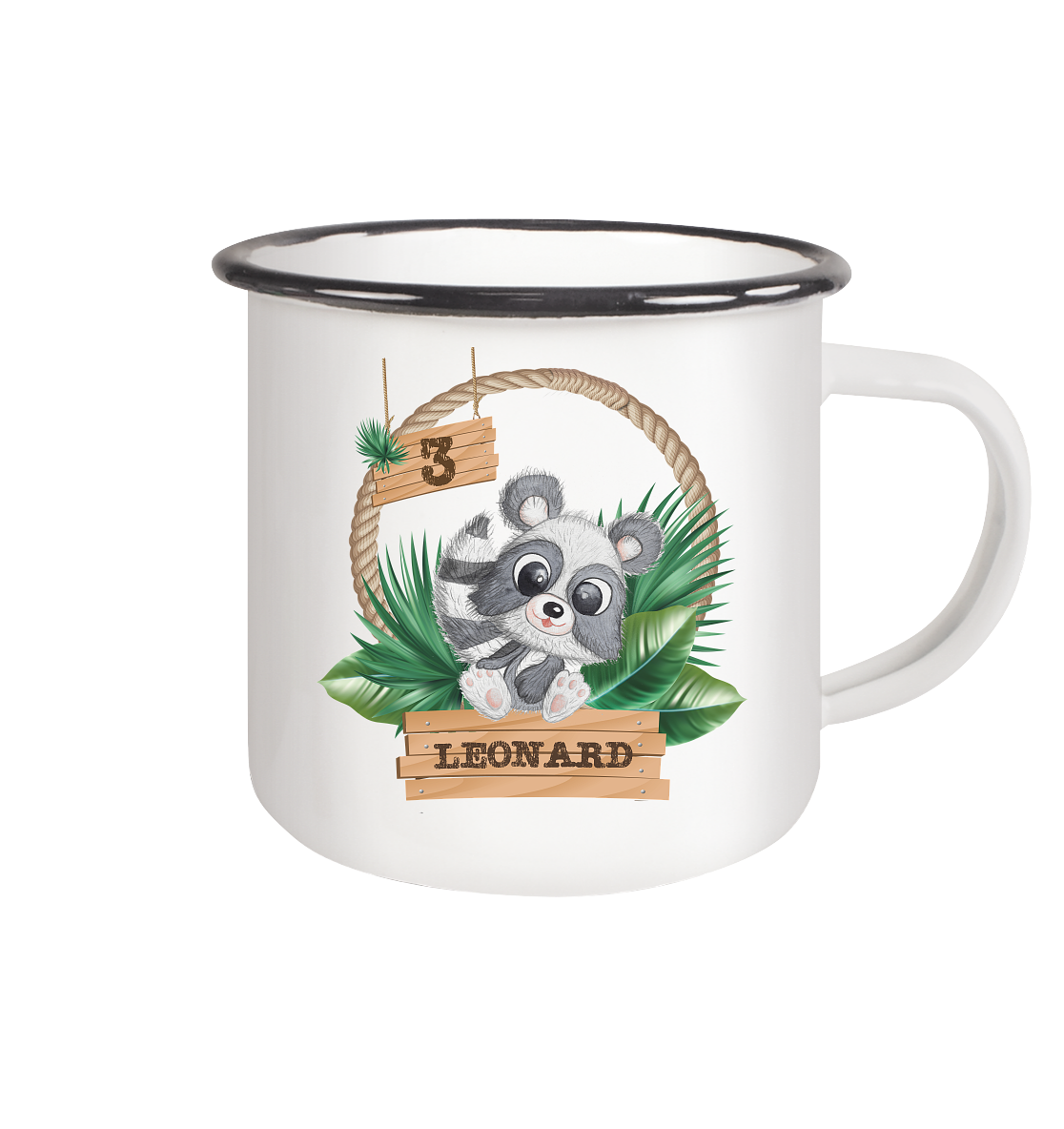 Emaille Tasse (Black) -Jungle Design mit niedlichen Waschbär Motiv -personalisiert