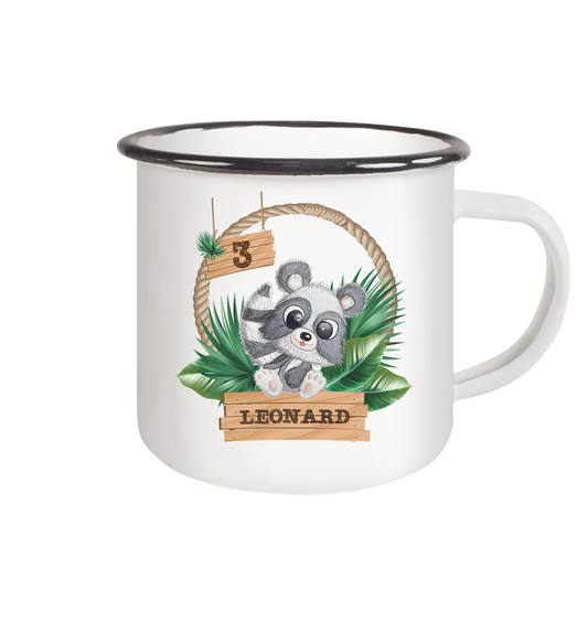 Emaille Tasse (Black) -Jungle Design mit niedlichen Waschbär Motiv -personalisiert