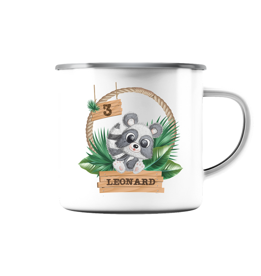 Emaille Tasse (Silber) - Jungle Design mit niedlichen Waschbär Motiv -personalisiert