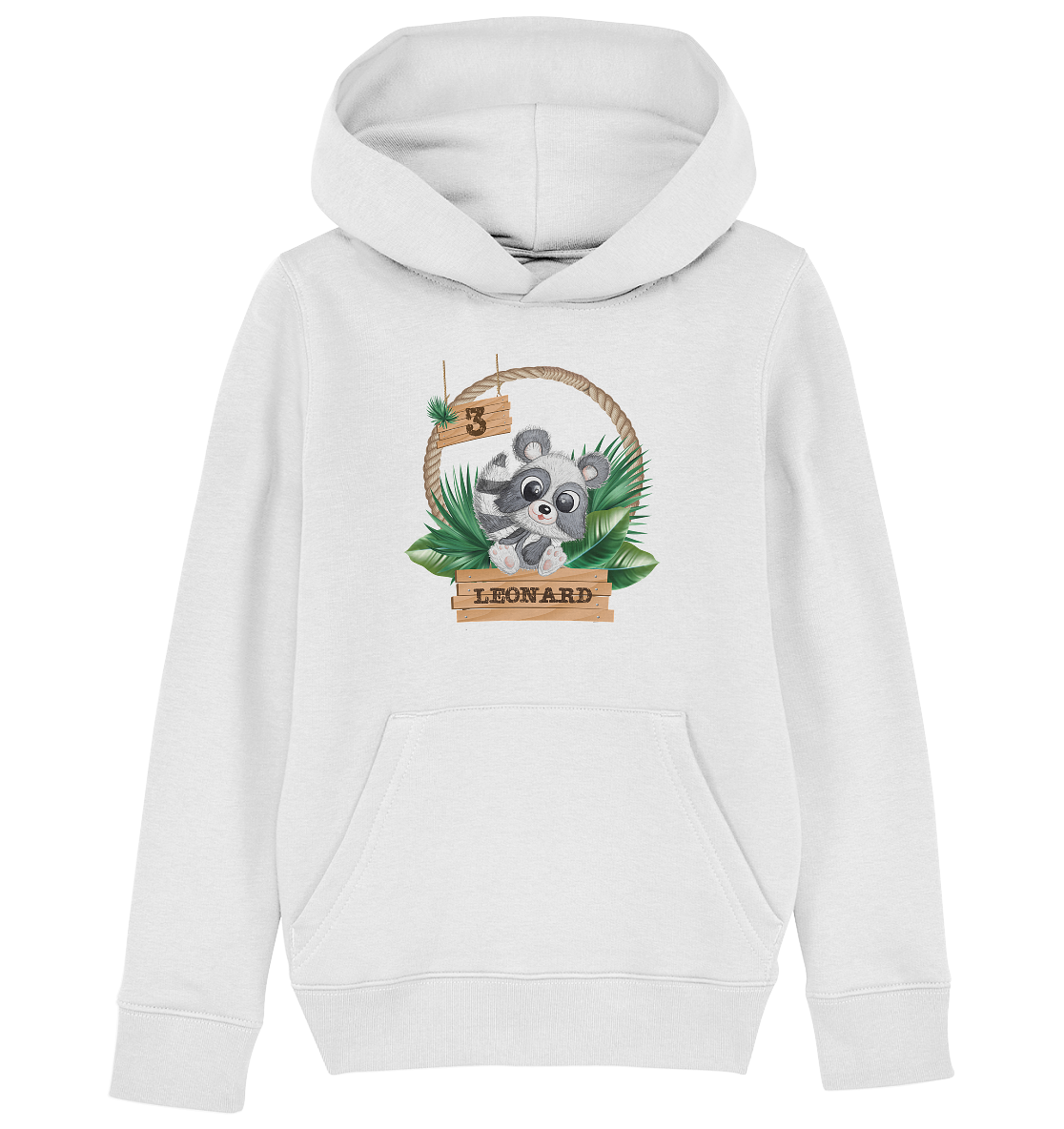 Kids Organic Hoodie -Jungle Design mit niedlichen Waschbär Motiv - personalisiert