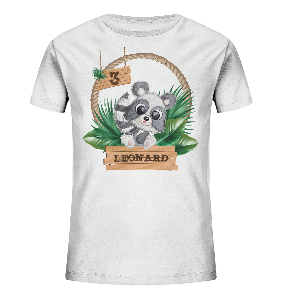 Kids Organic Shirt - Jungle Design mit niedlichen Waschbär Motiv - personalisiert