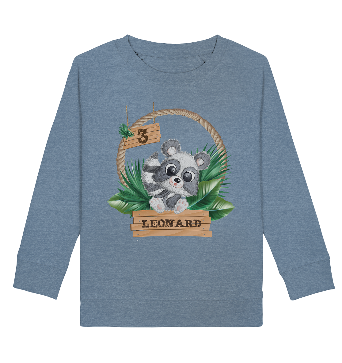 Kids Organic Sweatshirt  - Jungle Design mit niedlichen Waschbär Motiv - personalisiert