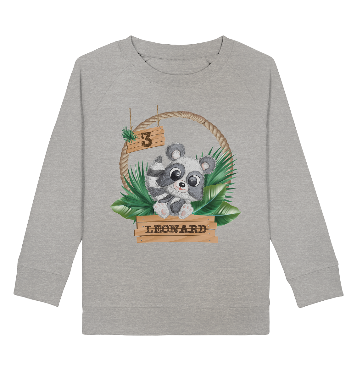 Kids Organic Sweatshirt  - Jungle Design mit niedlichen Waschbär Motiv - personalisiert