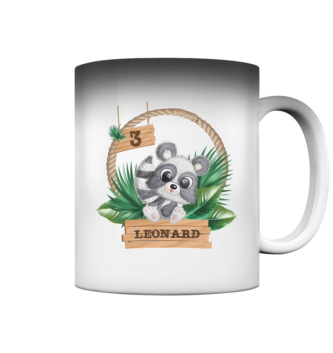 Magic Mug Tasse -Jungle Design mit niedlichen Waschbär Motiv - personalisiert