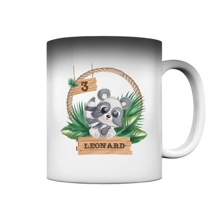 Magic Mug Tasse -Jungle Design mit niedlichen Waschbär Motiv - personalisiert