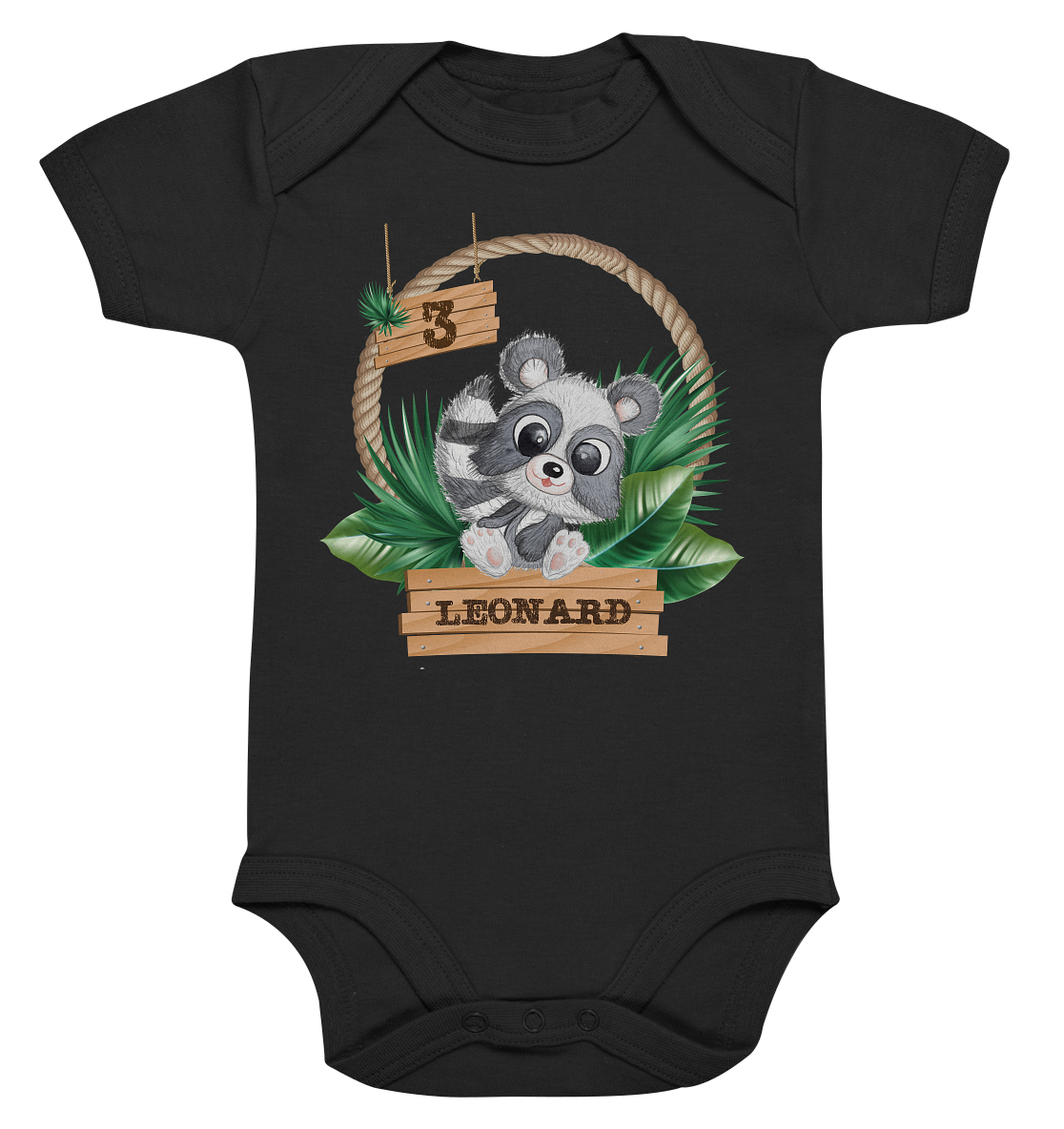 Organic Baby Body - Jungle Design mit niedlichen Waschbär Motiv - personalisiert