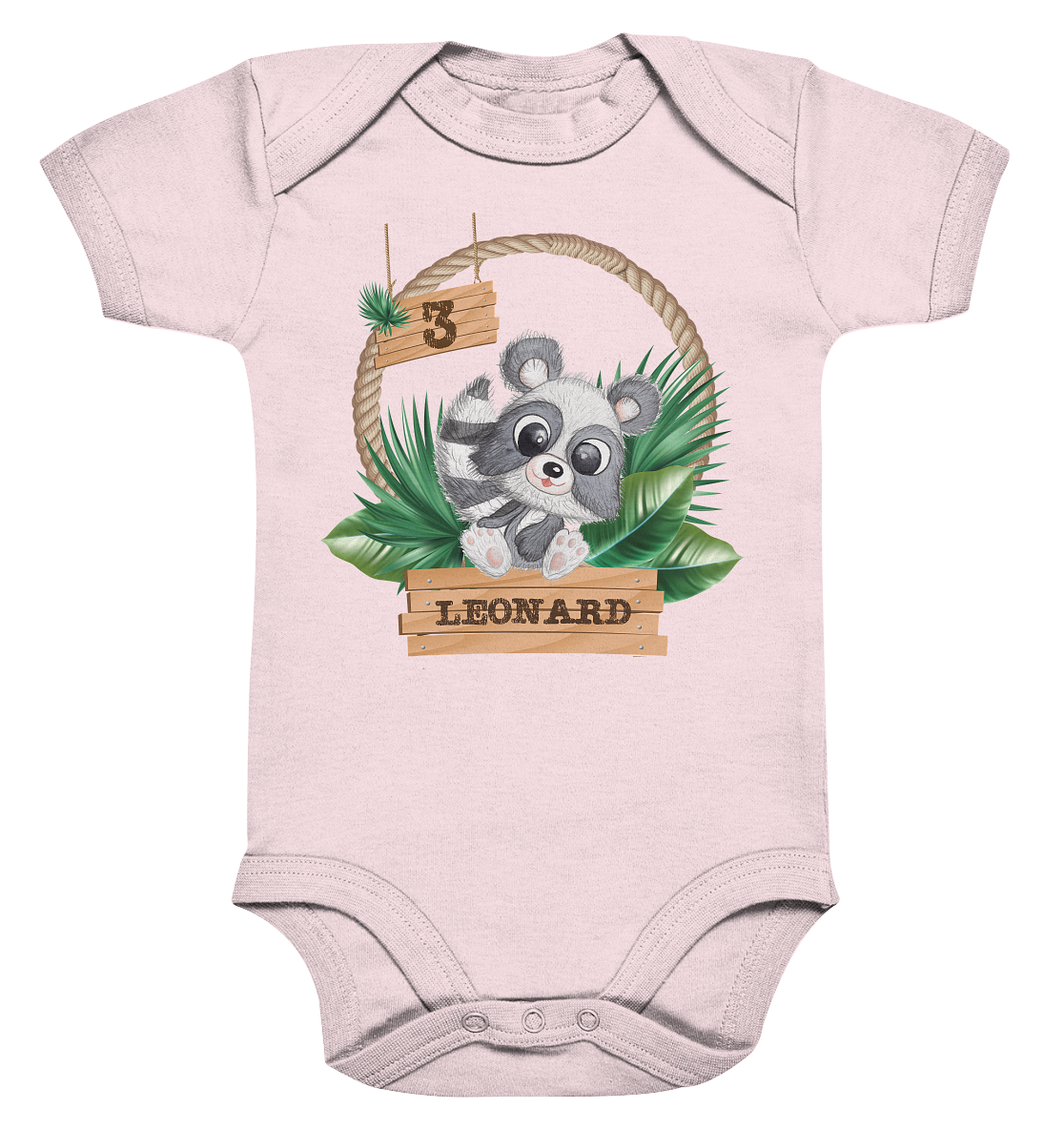 Organic Baby Body - Jungle Design mit niedlichen Waschbär Motiv - personalisiert