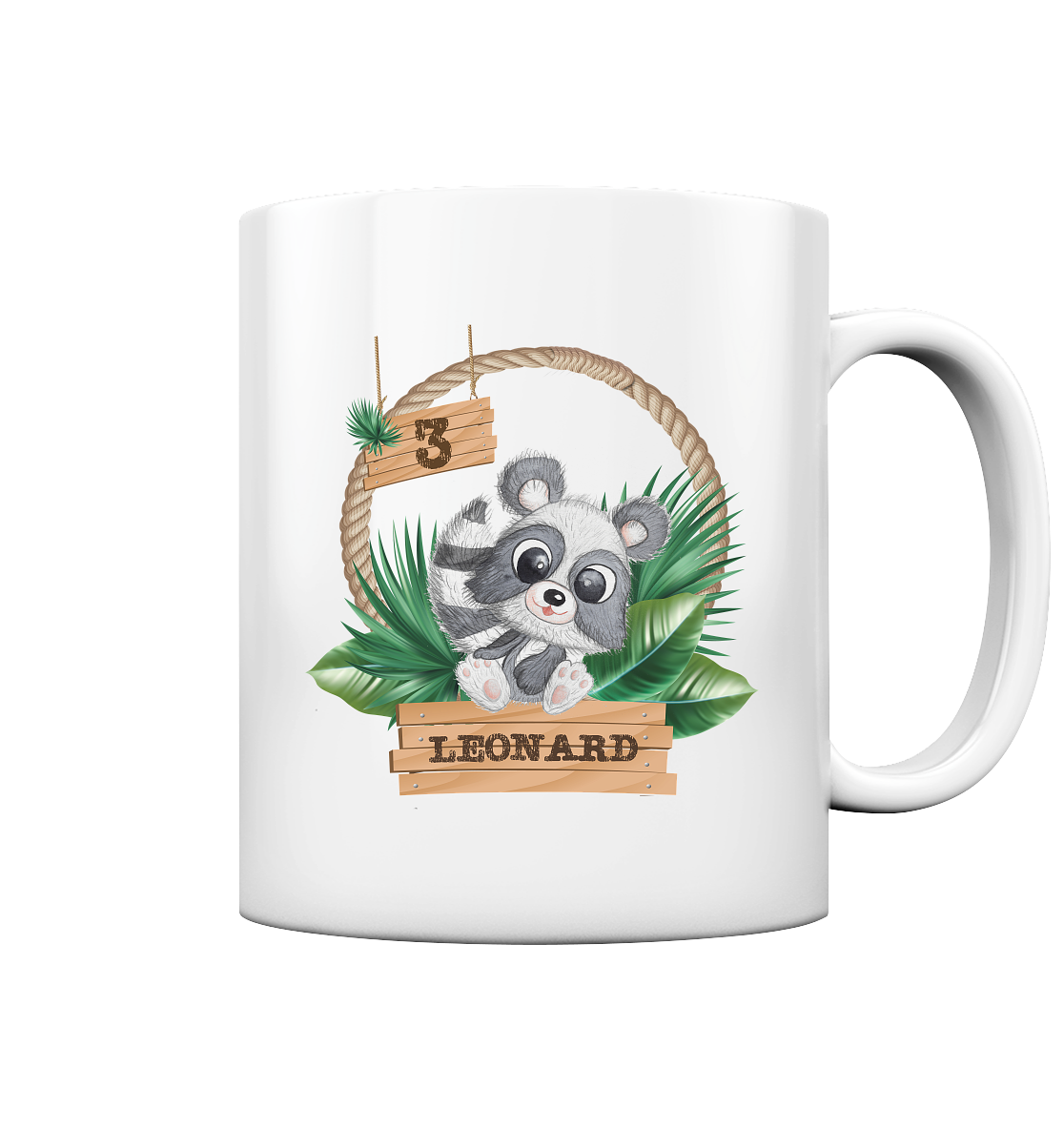 Tasse glossy in Jungle Design mit niedlichen Waschbär Motiv - personalisierbar