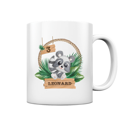 Tasse glossy in Jungle Design mit niedlichen Waschbär Motiv - personalisierbar