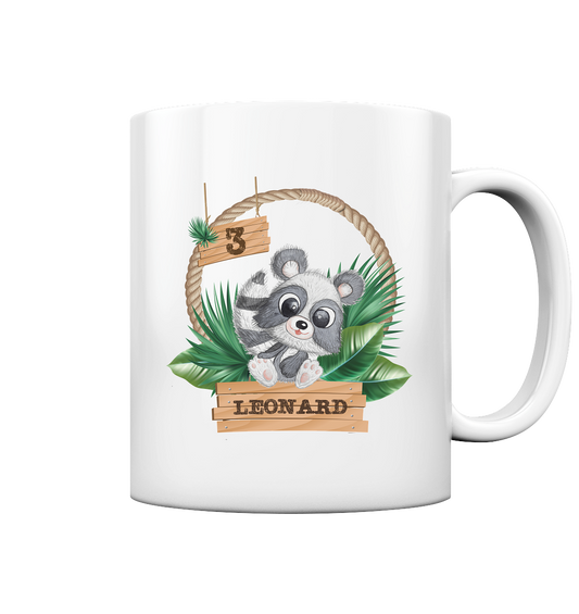 Tasse glossy in Jungle Design mit niedlichen Waschbär Motiv - personalisierbar