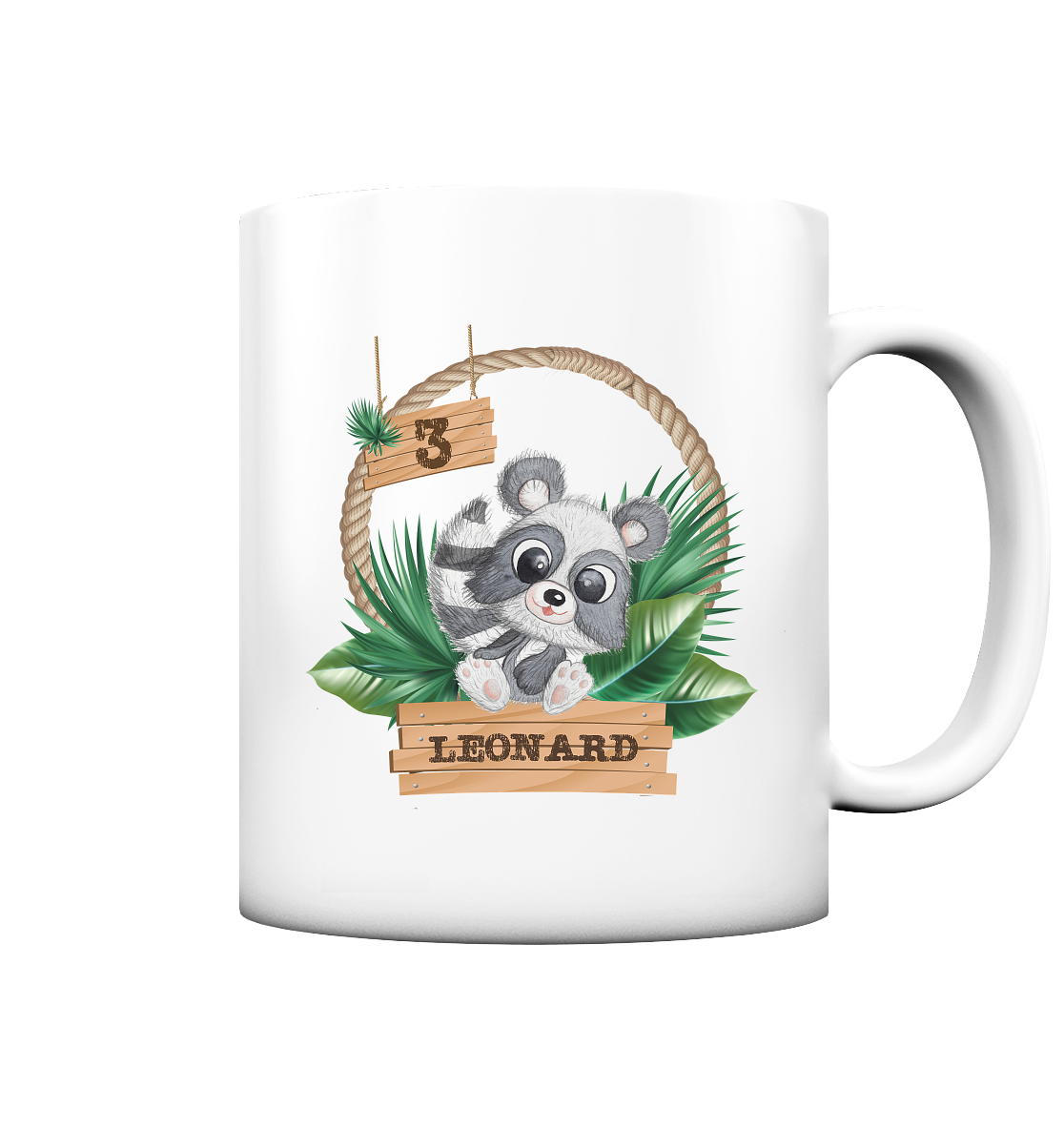 Tasse matt - Jungle Design mit niedlichen Waschbär Motiv - personalisiert