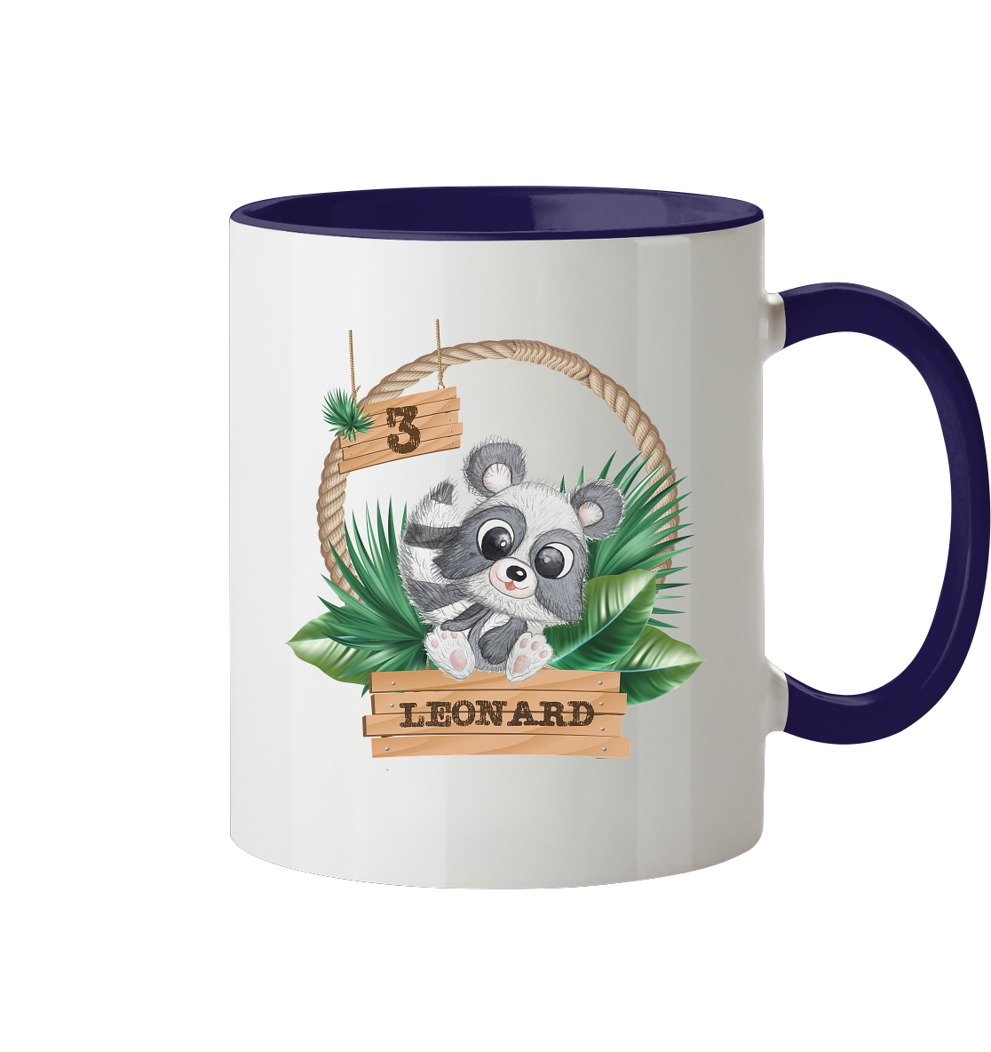 Tasse zweifarbig - Jungle Design mit niedlichen Waschbär Motiv - personalisiert