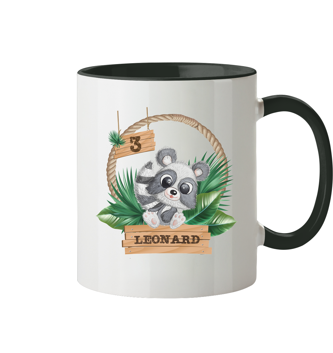 Tasse zweifarbig - Jungle Design mit niedlichen Waschbär Motiv - personalisiert