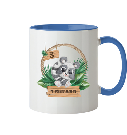 Tasse zweifarbig - Jungle Design mit niedlichen Waschbär Motiv - personalisiert