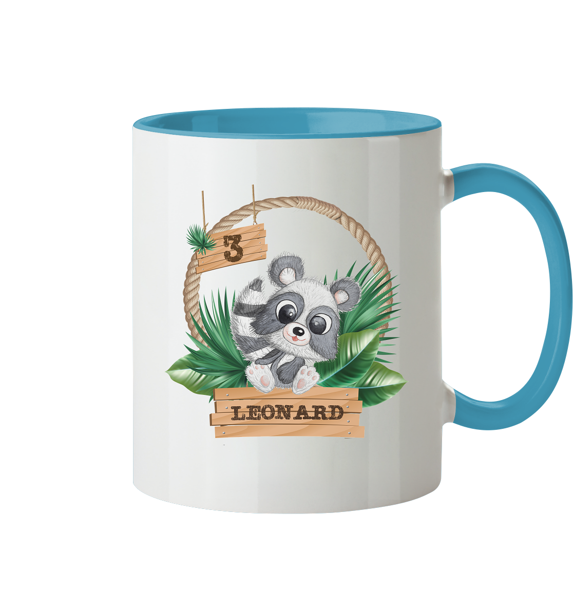 Tasse zweifarbig - Jungle Design mit niedlichen Waschbär Motiv - personalisiert