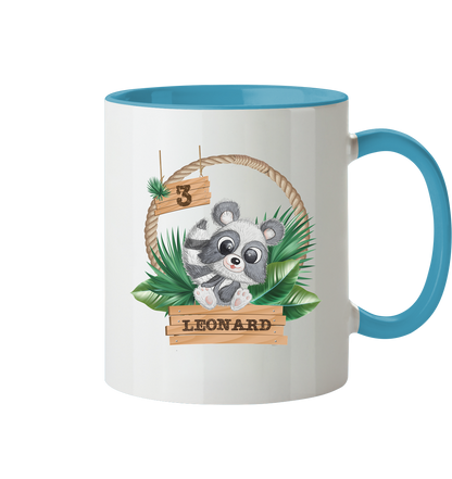 Tasse zweifarbig - Jungle Design mit niedlichen Waschbär Motiv - personalisiert