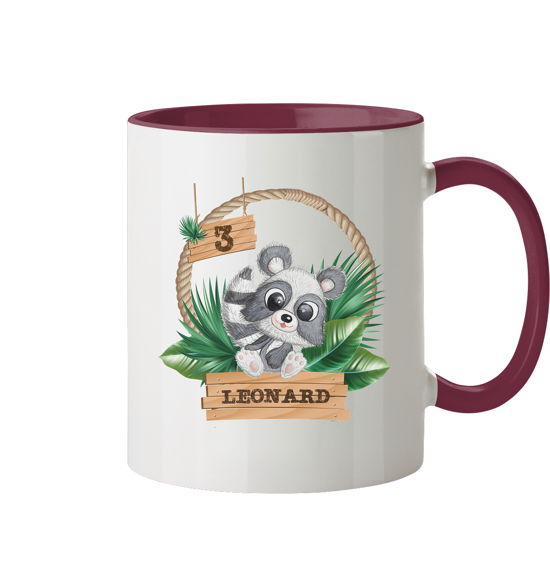 Tasse zweifarbig - Jungle Design mit niedlichen Waschbär Motiv - personalisiert